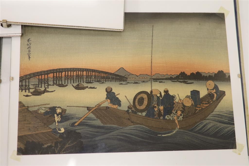 Eight assorted Japanese woodblock prints, largest 26 x 38cm